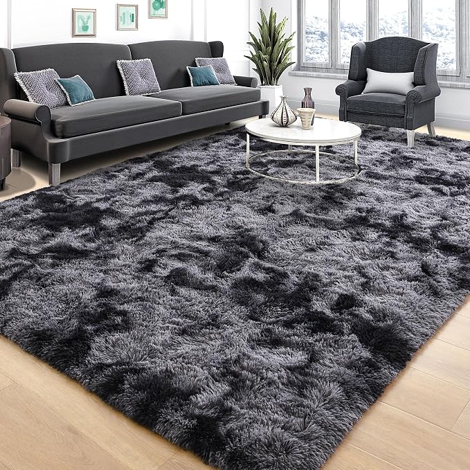 Tepook Fluffy Large Rugs for Living Room, Area Rug 6x9 Carpet for Bedroom, Modern Shaggy Rug for Kids Boys Girls, Plush Indoor Nursery Home Decor Rug with Non-Slip Bottom, Tie-dye Dark Grey