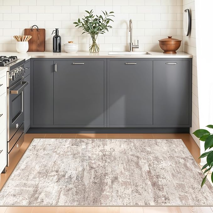 RUUGME Washable 3x6 Runner Rug: Modern Low Pile Durable Floor Mat Non-Slip Abstract Carpet for Kitchen Laundry Stain Resistant Soft Rugs for Family with Cats & Dogs Home Decor 3X6 Brick/Brown/Beige
