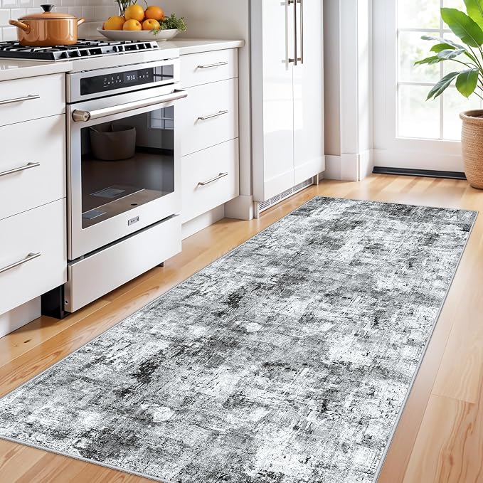 3x7 Washable Non-Slip Kitchen Runner Rug – Modern Abstract Neutral Beige & Gray Carpet for Hallway, Entryway, Bedroom, Laundry Room – Low-Pile Thin Wide Floor Runner with Rubber Backing （Grey）