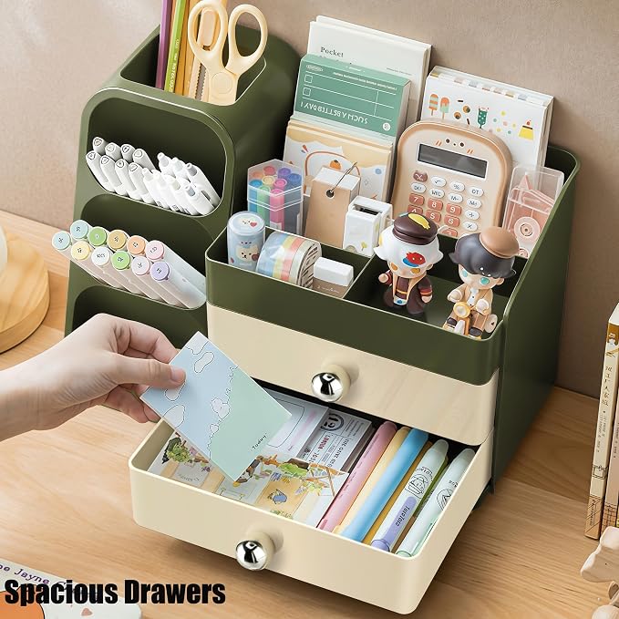 Desk Organizer with Pen Pencil Holder, Pen Organizer with 2 Drawers & 4 Compartments, Desktop Organizers and Storage for Office Home School Art Supplies (Green)