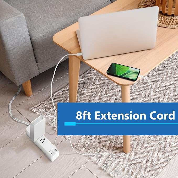 LIDER Outlet Extender with 3 Receptacles, 21W USB-A & 2 USB-C, Ultra-Thin Wall Plate Plug with Cord Extender, 3-Outlet Power Strip, Flat-Face, 8ft Cord, 1625W, ETL Listed, Matte White