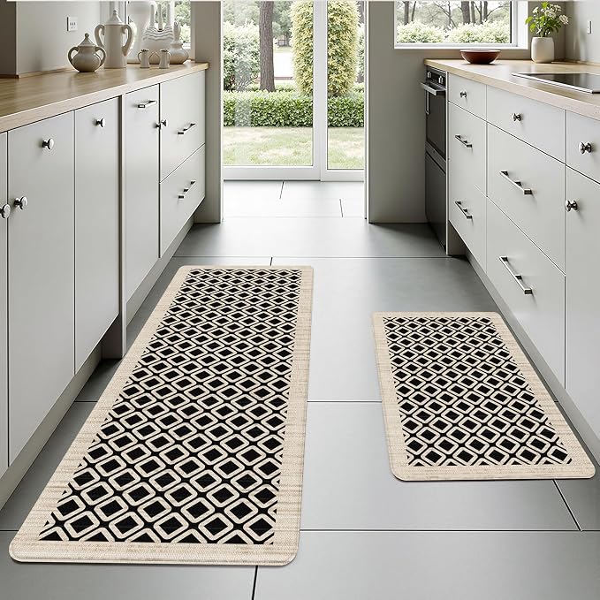 Black Vintage Geometric Elegance Grid Kitchen Rug Sets [2 PCs], Anti-Fatigue, Waterproof Non-Slip Kitchen Mats Heavy Duty Comfort Foam Rug for Kitchen, Floor, Laundry,17"x29"+17"x47"