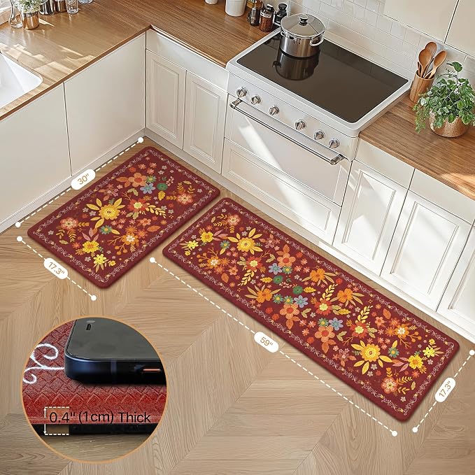 GENIMO Anti Fatigue Kitchen Mats for Floor 2PCS, Cushioned Standing Mats | 17.3"x59"&17.3"x30", Red vintage floral rug set, waterproof, non slip, easy-clean for farmhouse