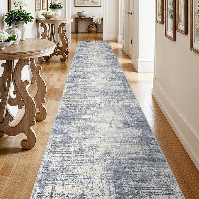 3x20 Hallway Washable Runner Rug - Non-Slip Kitchen Rugs with Rubber Backing Abstract Neutral Low-Pile Carpet Runners for Laundry Room Home Decor Bedroom Bathroom Entryway (Blue Gray,3x20)