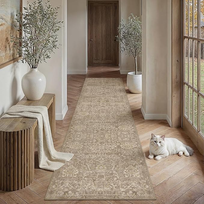 HUGEAR 3x10 Runner Rug Hallway Light Brown Machine Washable Vintage Floral Low Pile Carpet Vacuumable Distressed Long Throw Rug Bedroom Office Bathroom Kitchen Laundry Non Slip Soft Lightweight
