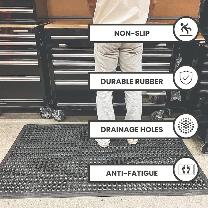 Envelor Anti Fatigue Mats for Kitchen Floor, Rubber Bar Mat, Non Slip Commercial Floor Mat with Drainage Holes, Indoor Outdoor Rubber Mat for Restaurant, Garage, Entryway, Entry Mat 36 x 60 in