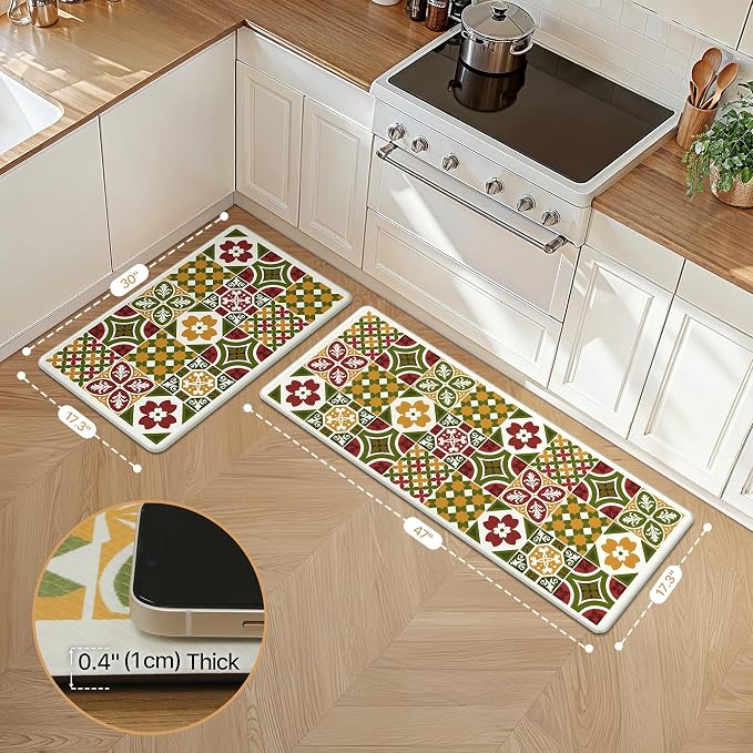GENIMO Anti Fatigue Kitchen Mats for Floor 2PCS, Cushioned Standing Mats | 17.3"x47"&17.3"x30", Light Green vintage floral rug set, waterproof, non slip, easy-clean for farmhouse
