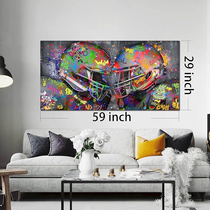 SIXTTART American Football Posters Large Wall-Art For Living Room - Graffiti Rugby Ball Bedroom Decor For Teen Boys - Banksy Canvas Wall-Art Ready To Hang Size 59" x 29"