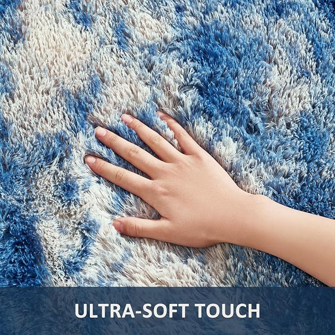 Ophanie 8x10 Blue and Gray Area Rugs for Living Room,Large Navy Grey White Fluffy Shag Fuzzy Plush Soft Carpets,Floor Shaggy Rugs for Bedroom,Carpet for Kids Dorm Decor with Over 99 pcs Pile fibers