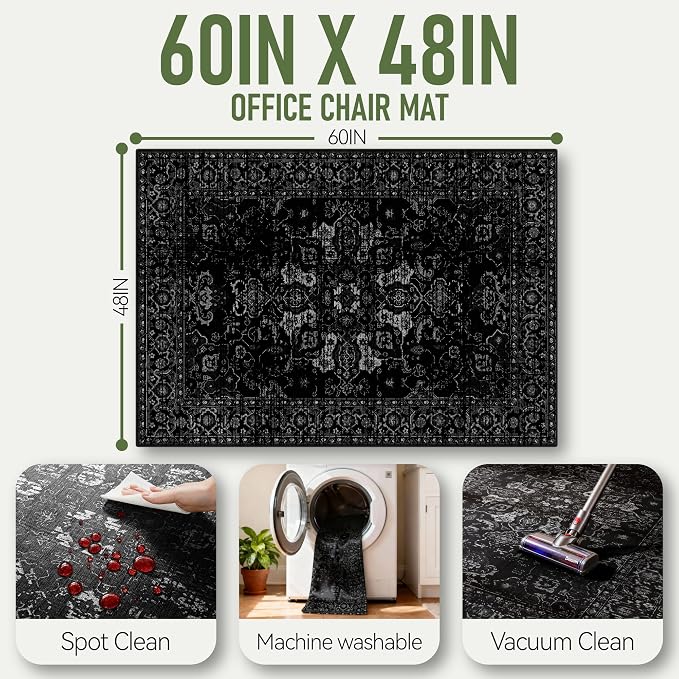 Office Chair Mat for Hardwood Floor, 48"x60" Desk Chair Mat for Home Office, Anti-Slip Under Desk Mat Rug for Rolling Chair,Floor Protector Washable Rugs for Gaming Chairs-Black