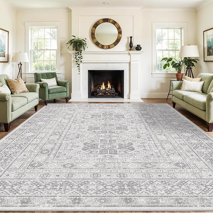 12x15 Area Rug for Living Room: Vintage Oriental Washable Rug for Bedroom Dining Room with Non Slip Rubber Backing Stain Resistant Low Pile Large Carpet Home Office (Grey, 12x15)