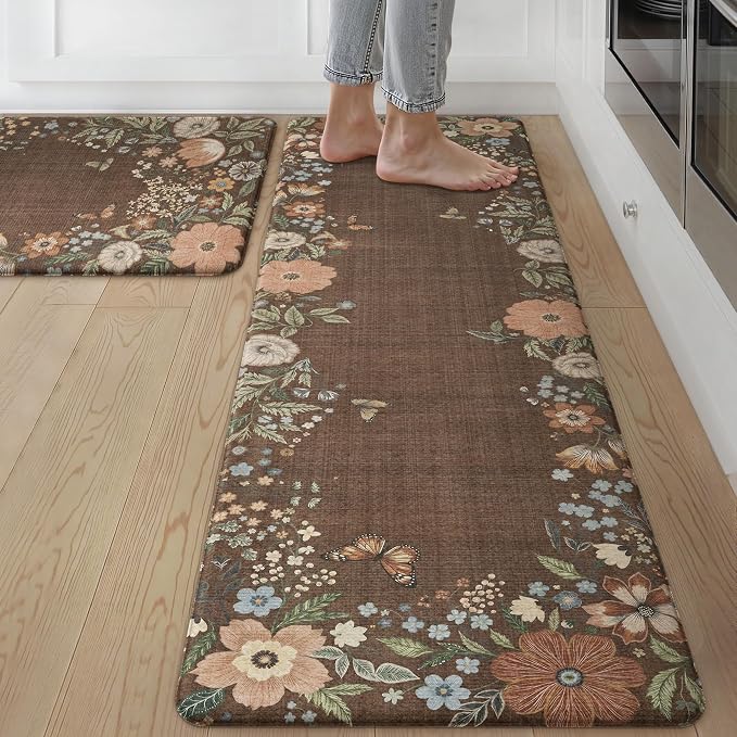 GENIMO Anti Fatigue Kitchen Mats for Floor 2PCS, Cushioned Standing Mats | 17.3"x59"&17.3"x30", Light Brown vintage floral rug set, waterproof, non slip, easy-clean for farmhouse