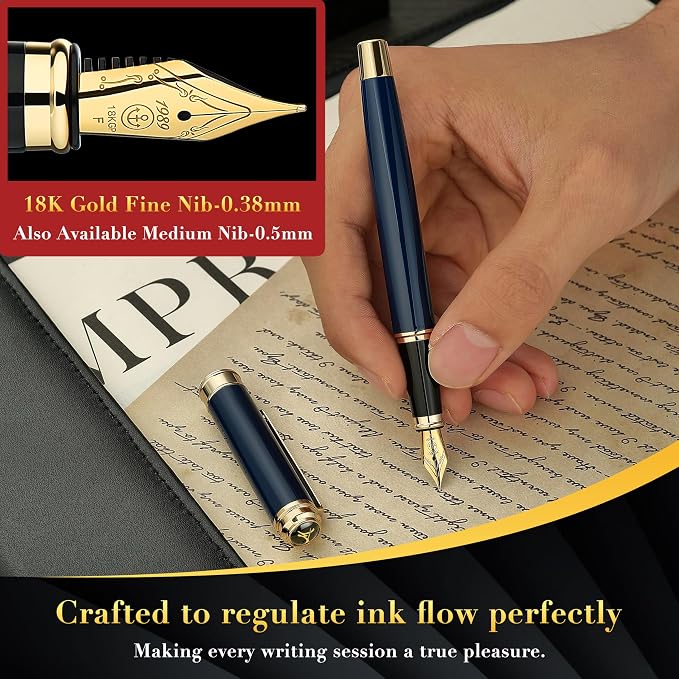 MCNTEIK 317 Fountain Pen,Stunning Luxury Piano Lacquer,18K Gilded Nib(Fine),Gorgeous 24K Gold Finish, Ink Converter,Best Gift for Men&Women-Elegant,Executive,Nice Pens for Writing, BU-F