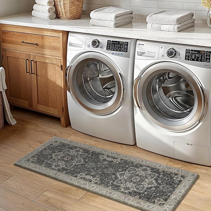 GENIMO Kitchen Mats for Floor 2PCs, Washable Anti Fatigue Mat for Cushioned, 17.3"x47"+17.3"x30", Waterproof Kitchen Rugs, Non Slip Comfort Standing Mat Rug for Home, Sink, Laundry, Midnight Gold
