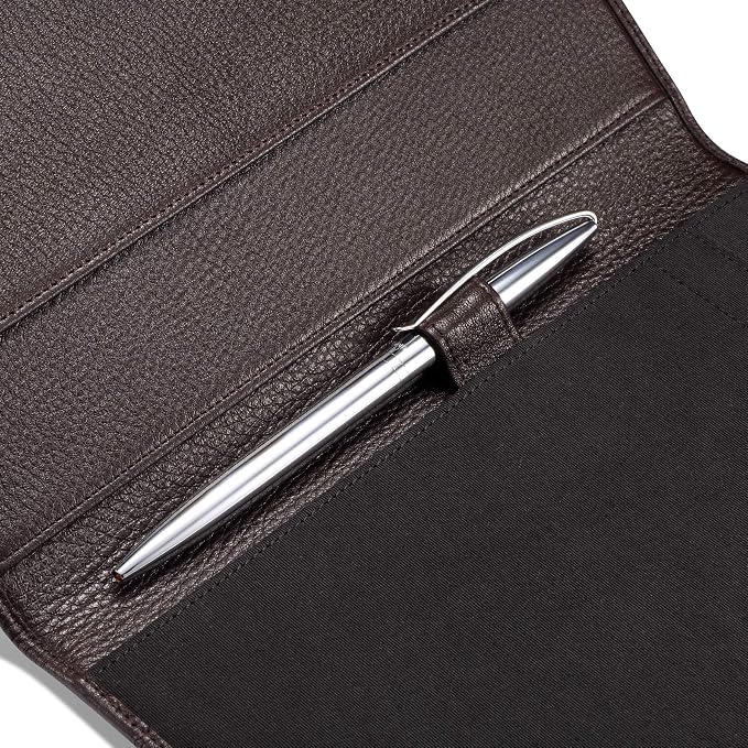 HISCOW Slim Leather Junior Padfolio, 5x8 Notepad Cover, Pebbled Coffee | Full-grain tumbled cowhide, top-loading legal pad holder, rigid pen loop, quick-access card slot, zipperless boardroom design