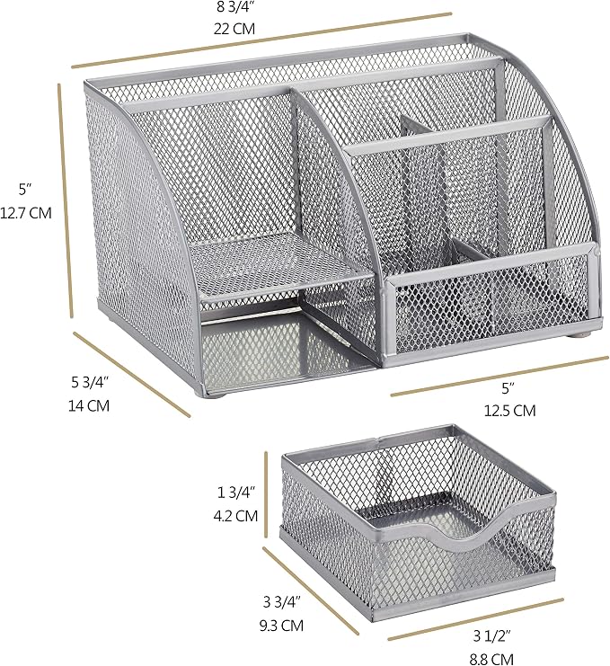 Annova Mesh Desk Organizer Office with 7 Compartments + Drawer/Desk Tidy Candy/Pen Holder/Multifunctional Organizer (Silver)