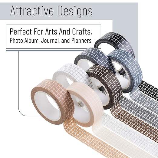 Mr. Pen- Washi Tape Set, 0.6", 7 Rolls, 9 Yards/Roll | Washi Tape for Scrapbook, Arts, Crafts, Journals and Planners, Grid