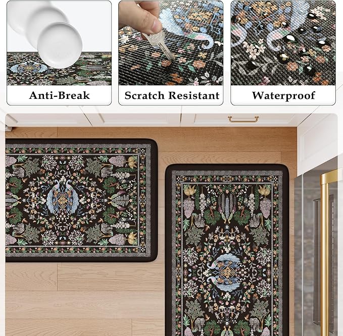 KIMODE Anti Fatigue Kitchen Mats for Floor 2 Piece, Black Vibrant Floral Kitchen Rugs 17"x47"+17"x29", Non Slip Waterproof Kitchen Floor Mats, Standing Mats for Laundry Office Sink Desk