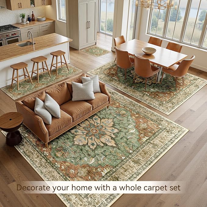 RELEANY Area Rugs 6'x9' Washable Non-Slip, Floral Vintage Distress Medallion Carpet for Living Room Bedroom Dining Room, Terracotta Burnt Orange Green