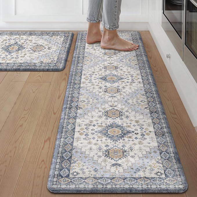 GENIMO Anti Fatigue Kitchen Mats for Floor 2PCS, Cushioned Standing Mats | 17.3"x59"&17.3"x30", Light Green vintage boho rug set, waterproof, non-slip, easy-clean for home laundry sink farmhouse