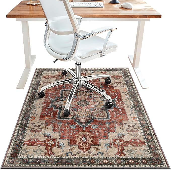48"x60" Office Chair Mat for Hardwood Tile Floor, Under Desk Carpet Protector for Rolling Computer Chair Mat, Machine Washable Area Rug, Anti-Slip 1/5" Thick Low Pile Thin Vinyl Floor Mat, Annatto