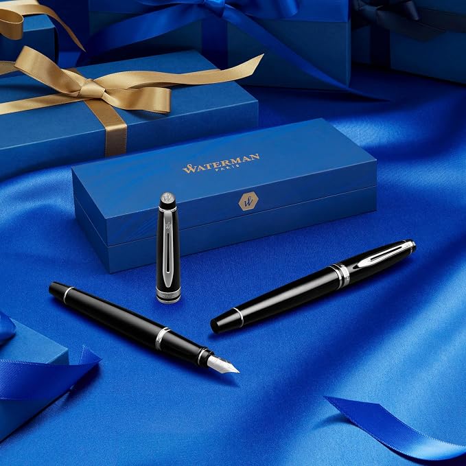 Waterman Expert Fountain Pen, Stainless Steel with Chrome Trim, Medium Nib with Blue Ink Cartridge, Gift Box