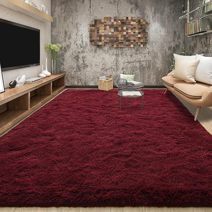 Tepook Fluffy Burgundy Rugs for Living Room, 9x12 Dark Red Area Rug for Bedroom, Soft Shaggy Plush Floor Carpet for Kids Girls Boys Room, Indoor Non Slip and Washable Carpets for Nursery Home Decor