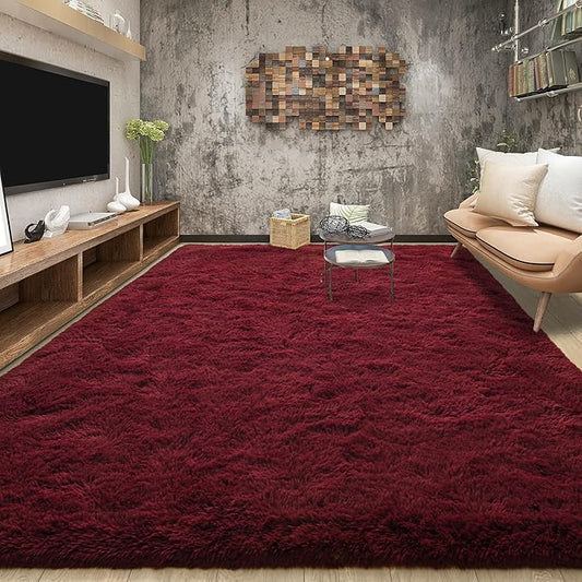Tepook Fluffy Burgundy Rugs for Living Room, 9x12 Dark Red Area Rug for Bedroom, Soft Shaggy Plush Floor Carpet for Kids Girls Boys Room, Indoor Non Slip and Washable Carpets for Nursery Home Decor