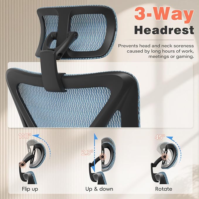 GABRYLLY Ergonomic Office Chair - 135° Reclining Desk Chair with Adjustable Lumbar Support, 3D Armrest, Large Headrest & Heavy Duty Steel Base, 300LBS Mesh Task Chair, Navy Blue