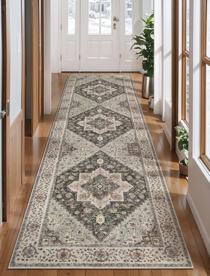 Tangsoo 2.6x10 Hallway Runner Rugs, Washable Runner Rug for Hallways Non Slip Farmhouse, Vintage Soft Low Pile Long Rug Runner, Indoor Carpet Runners for Living Room Kitchen Bedroom Entryway Grey
