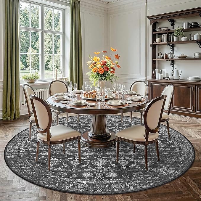 8ft Black Round Washable Area Rug for Living Room Vintage Boho Non Slip Circle 8x8 Large Rug Distressed Floral Carpet Indoor Retro Soft Low Pile Farmhouse Throw Rug for Bedroom Nursery Office