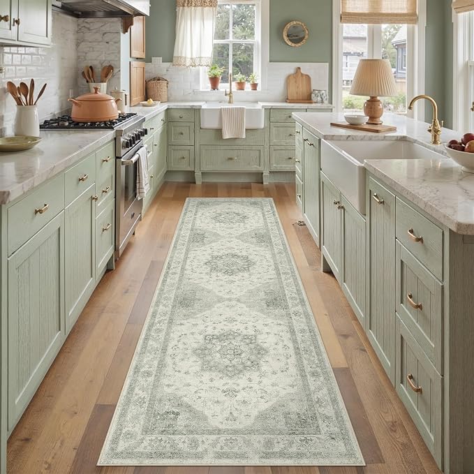 PureCozy Green Runner Rug 2x8 Washable Vintage Carpet Hallway Kitchen Soft Retro Low Pile Thin Indoor Bedroom Non Slip Oriental Medallion Long Throw Rug for Bathroom Laundry Dining Room