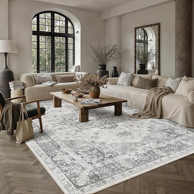 PureCozy Gray 6x9 Area Rug Washable Vintage Living Room Carpet Non Slip Retro Distressed Low Pile Soft Oriental Medallion Thin Large Grey Throw Rug for Office Bedroom Dining Room Playroom