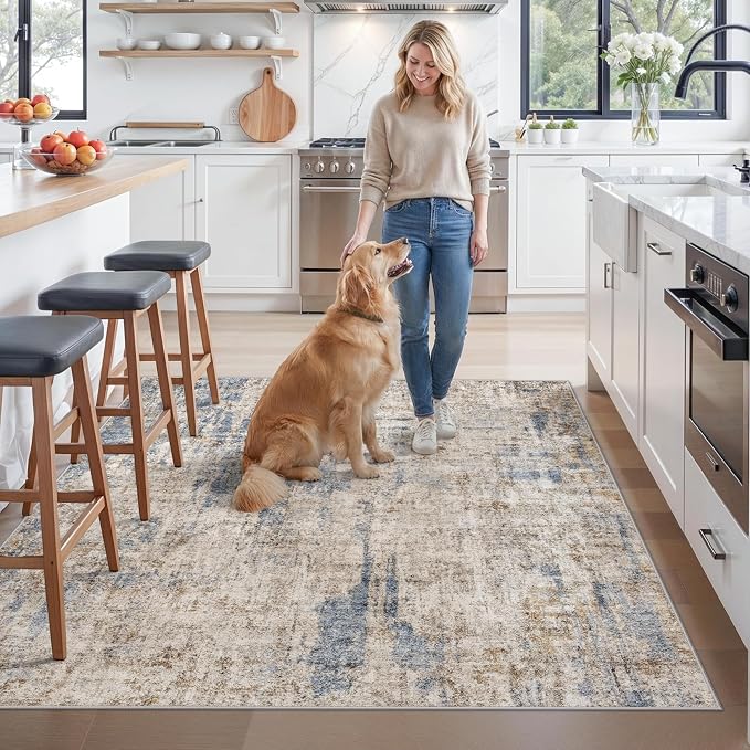 ZHXXUJ Washable 6x6 Square Area Rug – Non Slip Modern Abstract for Kitchen Dining Room Living Room – Low Pile Thin Soft Indoor Rug (Blue Brown)