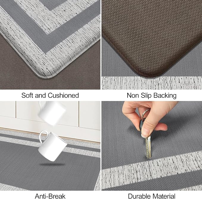 Kitchen Rugs Cushioned Anti Fatigue Kitchen Mats for Floor Ergonomic Comfort Standing Mat for Kitchen Non Slip Waterproof Memory Foam Kitchen Rug for Floor, Office, Laundry 17.3"x94.5" Grey
