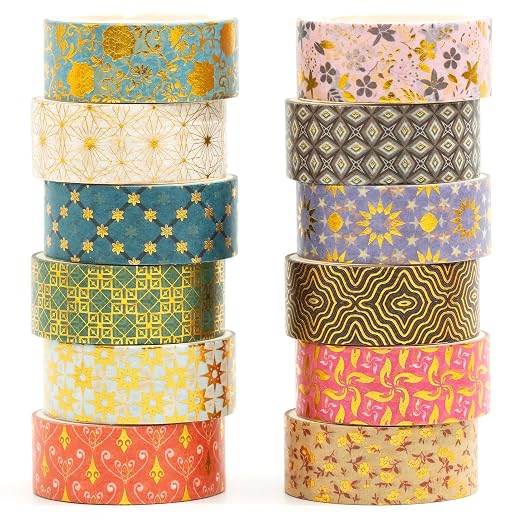 12 Rolls Charming Washi Tape Set Gold Silver Foil Detailing Arts Adhesive Tapes Basic Patterns Decorative Masking Tape Sets for Craft, Kids, Scrapbook, DIY, Gift Wrapping (Golden Galaxy)