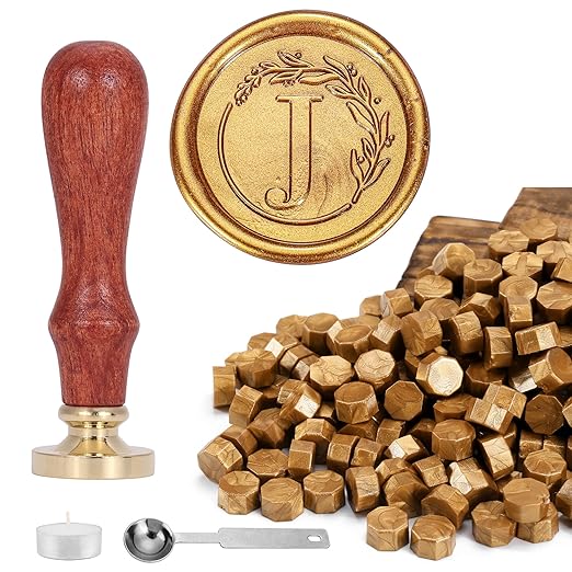 Yoption Vintage Letter J with Wreath Wax Seal Stamp Kit with 120 Antique Gold Wax Seal Beads