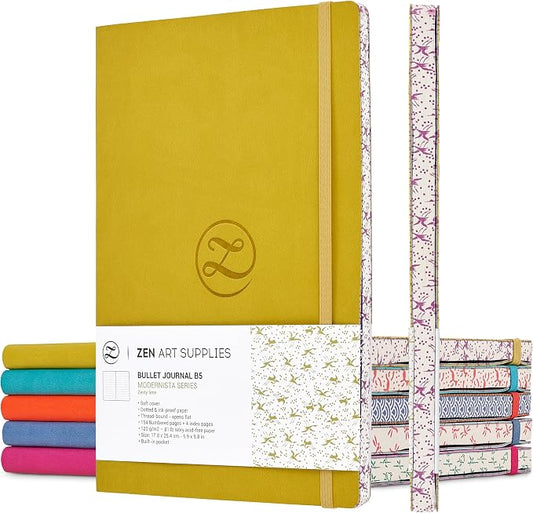 Lay Flat Large B5 Dotted Journal - Enjoy Bullet Journaling with a Soft Cover 7x10-inch, Non-Bleed Thick 120gsm Paper, Dot Journal in Yellow, Japanese Edge Motif - Faux Leather Dot Notebook ZenART