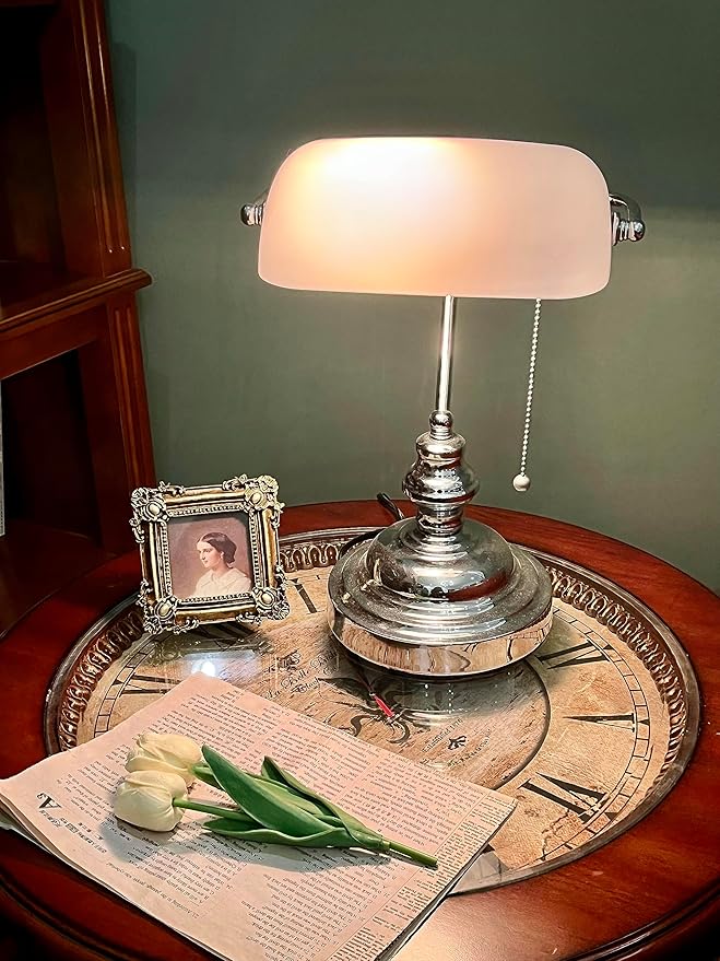 FIRVRE Bankers Lamp White Shade, Bankers Desk Lamp Library Lamp with Pull Chain, Vintage Desk Lamp for Office, Study Room