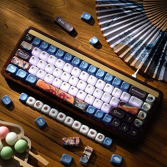 OHY XVX MOA Profile Keycaps Set, Japanese Mount FujiTheme 132 - Key White & Blue Custom Keycaps with PBT + Frosted Translucent PC Material for ANSI Layout Mechanical Keyboards- - Musashi Senju