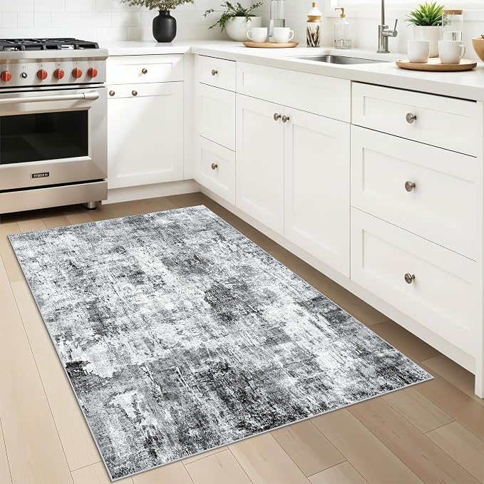 3x4 Washable Entryway Area Rug - Non-Slip Modern Small Indoor Mat for Bathroom,Living Room,Bedroom - Abstract Neutral Soft Low-Pile Throw Carpet with Rubber Backing（Grey）