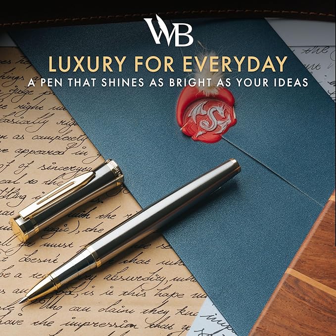 Wordsworth and Black Rollerball Pen - Luxury Pen - 24K Gold Finish, Silver Lacquer, Ink Refill, Refillable Gift for Men & Women, Professional Writing, Nice and Fancy Pens and for Work