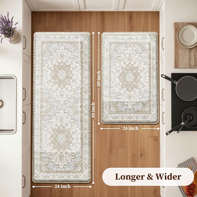 Boho Kitchen Mats for Floor 2 Piece Set Anti Fatigue Cushioned PVC Kitchen Rugs Non Slip Waterproof Farmhouse Mats 2/5 Inch Comfort Standing Mat for Sink, Laundry, 23.6"x39"+23.6"x59", Beige Tan