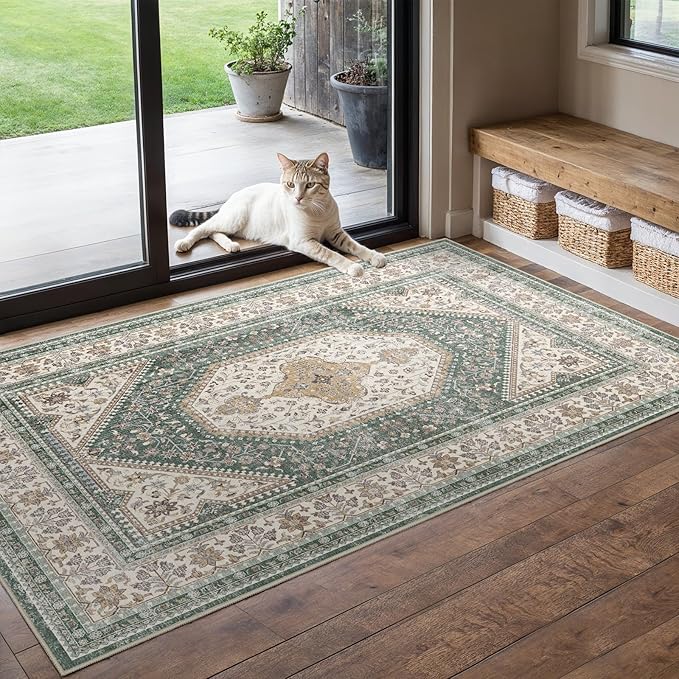 Washable 3x5 Area Rug for Entryway - Bedroom Rugs with Non Slip Rubber Backing for Kitchen Bathroom Indoor Soft Stain Resistant Carpet Rug for Pet Feeding Area and Distressed Floor Decor Green/Beige