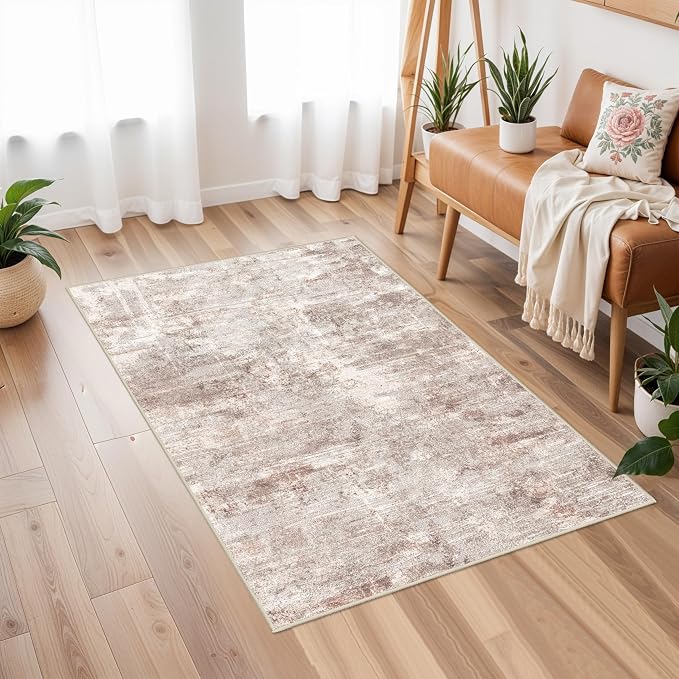 2x3 Rug Ultra Soft Abstract Rug - Area Rug Stain Resistant for Living Room Non Slip Indoor Entryway Rubber Backing Carpet Bedroom Kitchen Distressed Floor Decor Mat 2X3Brick/Brown/Beige