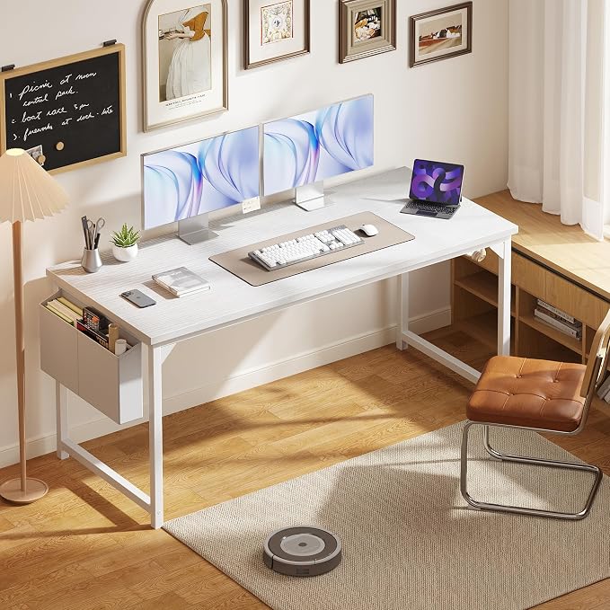 OLIXIS 63 Inch Computer Desk for Home Office, Writing Study Craft Gaming Table, Modern Computer Workstation with Storage Bag and Headphone Hook for Bedroom Small Spaces, White