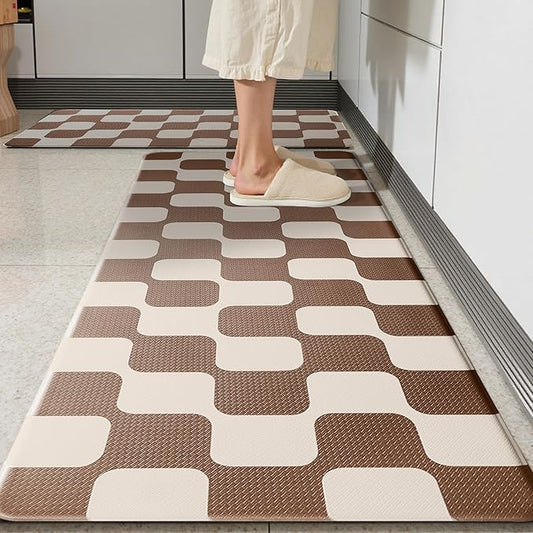 Khaki Beige Retro Curvy Checkered Grid Checkerboard Kitchen Rug Sets [2 PCs], Anti-Fatigue, Waterproof Non-Slip Kitchen Mats Heavy Duty Comfort Foam Rug for Floor, Home, Laundry,17"x29"+17"x47"