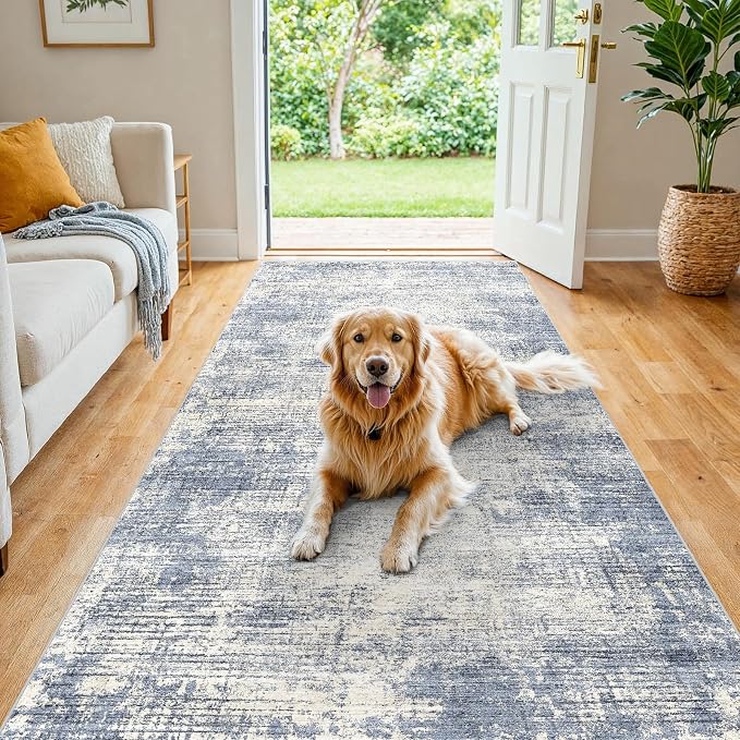 4x8 Hallway Washable Runner Rug - Non-Slip Kitchen Rugs with Rubber Backing Abstract Neutral Low-Pile Carpet Runners for Laundry Room Home Decor Bedroom Bathroom Entryway (Blue Gray,4x8)