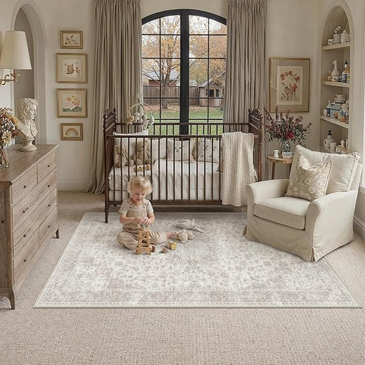 PureCozy 4x6 Area Rug Washable Neutral Beige Vintage Entryway Office Carpet Non Slip Low Pile Soft Door Mat Floral Indoor Small Throw Rug for Entrance Bathroom Bedroom Office Laundry