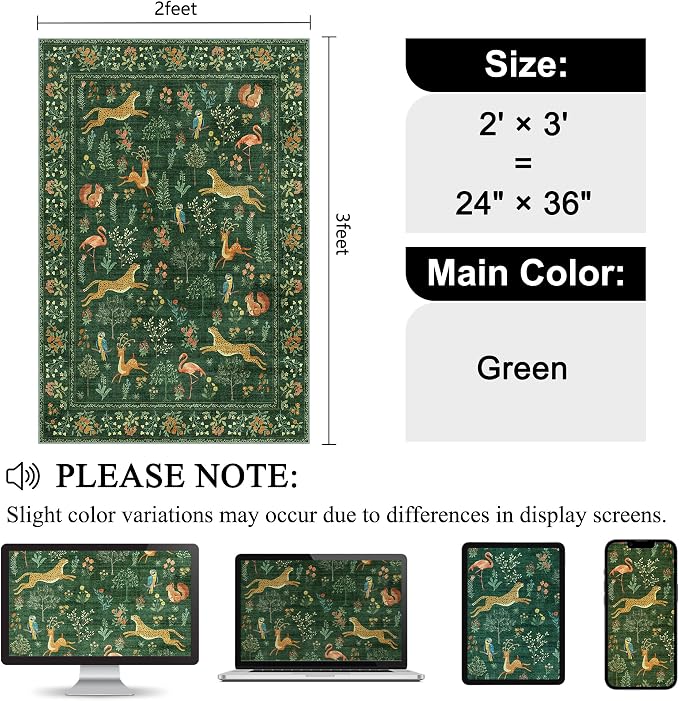DUKINO 2x3 Rug, Washable Animal Rugs for Entryway, Non Slip Indoor Door Mat, Soft Low Pile Small Area Carpet for Entrance, Bedroom, Kitchen, Laundry, Bathroom, Green